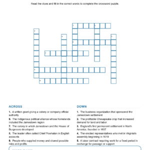 Jamestown and the Chesapeake Colonies Crossword US History Worksheets.