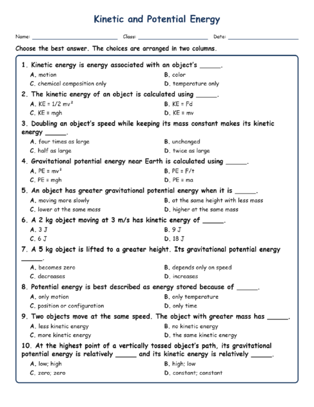 Kinetic and Potential Energy MCQ Fill Written Exit Tickets Worksheet TEKS Ph.