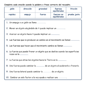 Las fuerzas pueden cam Completar MCQ Escrita Salida Hoja de trabajo NGSS Grado 3