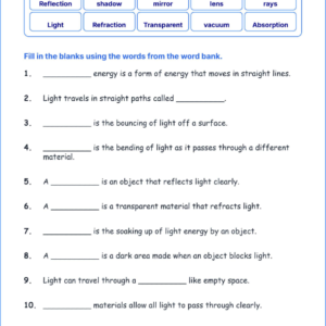 Light Energy TEKS 3.7 C Grade 3 science fill in the blanks worksheets.