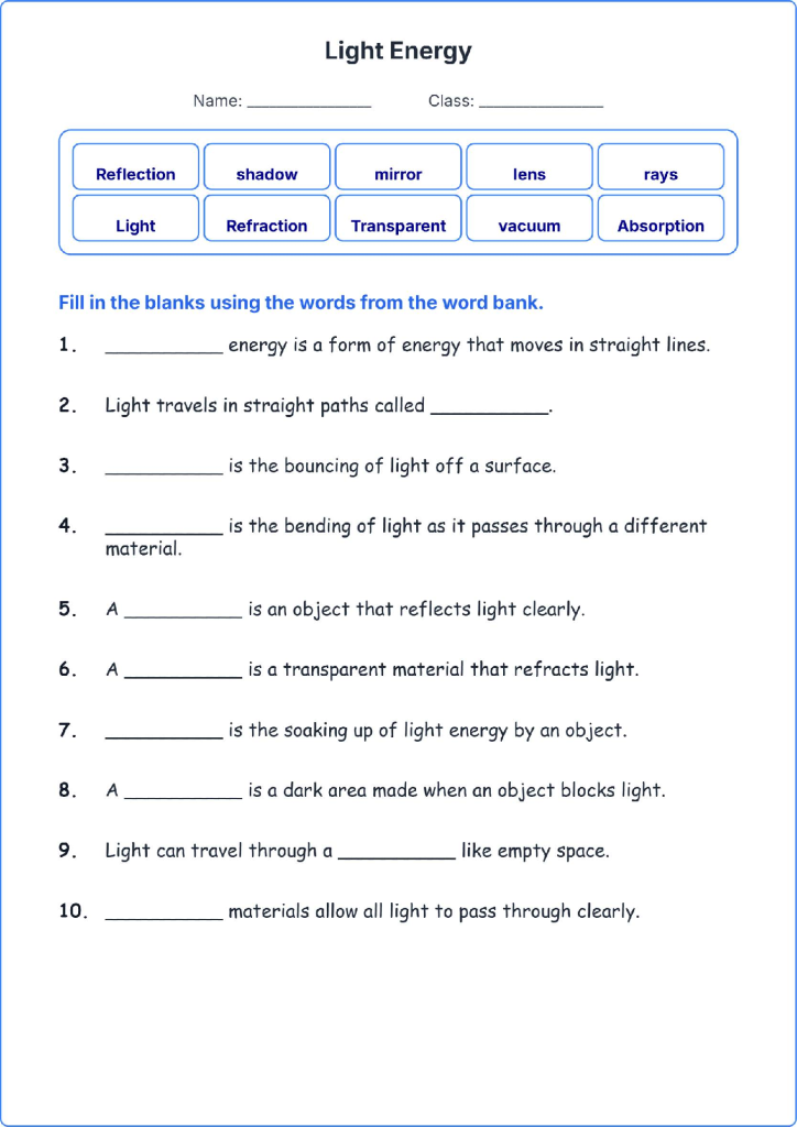 Light Energy TEKS 3.7 C Grade 3 science fill in the blanks worksheets.