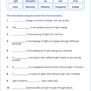 Light Energy in Everyday Life TEKS 4.8 A Grade 4 science fill in the blanks worksheets.