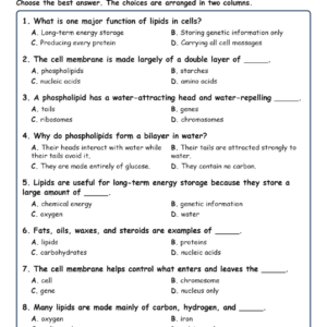 Lipids and Cell Membranes MCQs Fill Written Exit Tickets Worksheet TEKS Biology.