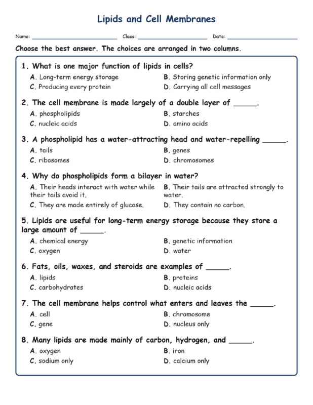 Lipids and Cell Membranes MCQs Fill Written Exit Tickets Worksheet TEKS Biology.