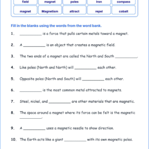 Magnetism and Matter TEKS 4.6 A Grade 4 science fill in the blanks worksheets.