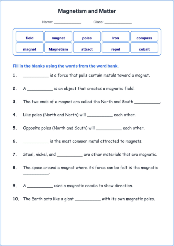 Magnetism and Matter TEKS 4.6 A Grade 4 science fill in the blanks worksheets.