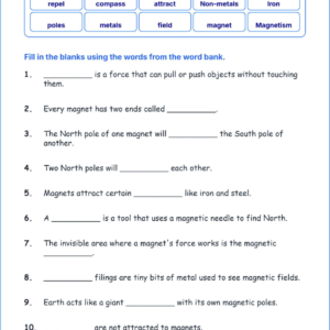 Magnetism as a Force TEKS 4.7 A Grade 4 science fill in the blanks worksheets.