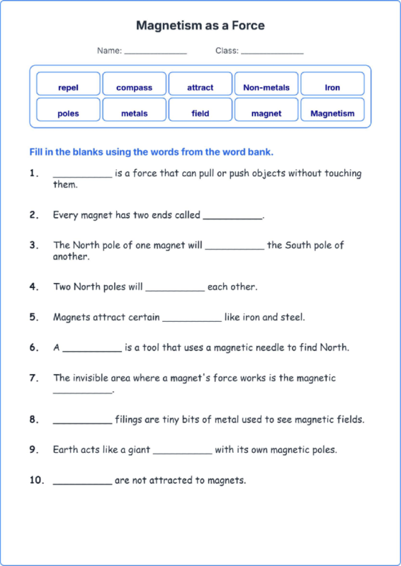 Magnetism as a Force TEKS 4.7 A Grade 4 science fill in the blanks worksheets.