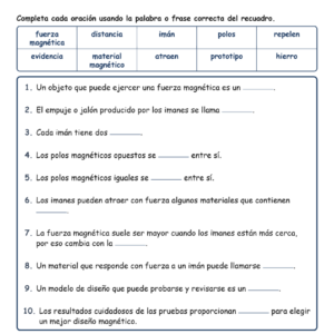 Magnetismo y diseño de Completar MCQ Escrita Salida Hoja de trabajo NGSS Grado 3