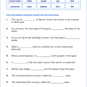 Matter Is Conserved in Mixtures TEKS 4.6 C Grade 4 science fill in the blanks worksheets.