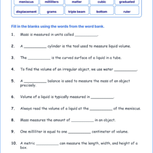 Measuring Mass and Volume TEKS 3.6 A Grade 3 science fill in the blanks worksheets.