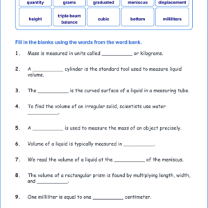 Measuring Mass and Volume TEKS 4.6 A Grade 4 science fill in the blanks worksheets.