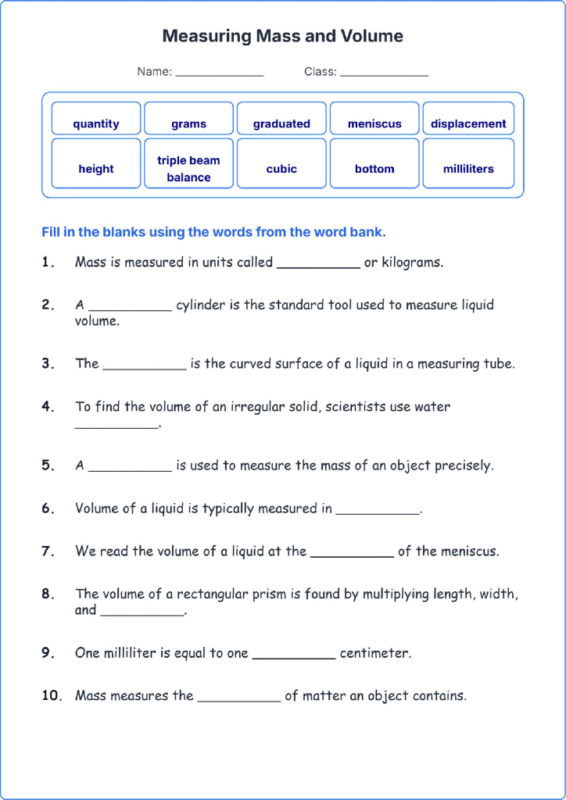 Measuring Mass and Volume TEKS 4.6 A Grade 4 science fill in the blanks worksheets.
