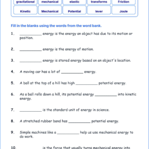 Mechanical Energy in Everyday Life TEKS 4.8 A Grade 4 science fill in the blanks worksheets.