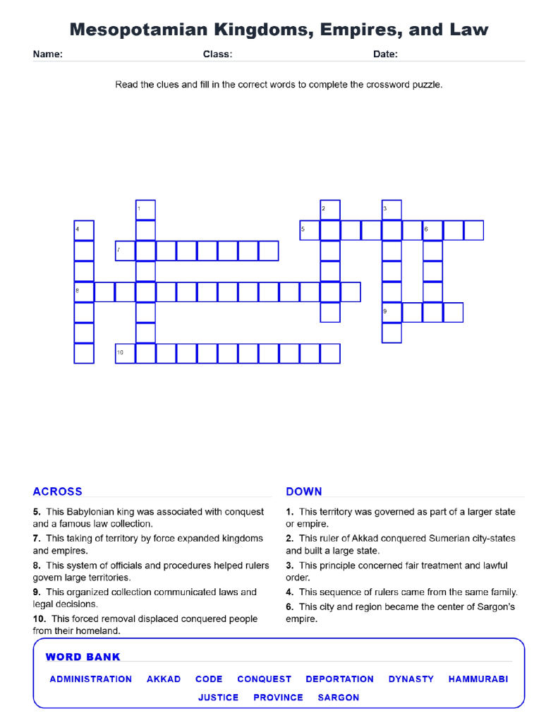 Mesopotamian Kingdoms Empires Law Crossword Worksheets Unit 2.