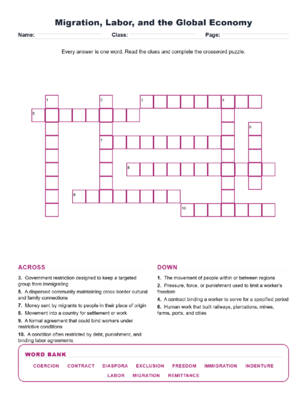 Migration Labor and the Global Economy Crossword World History Worksheets.
