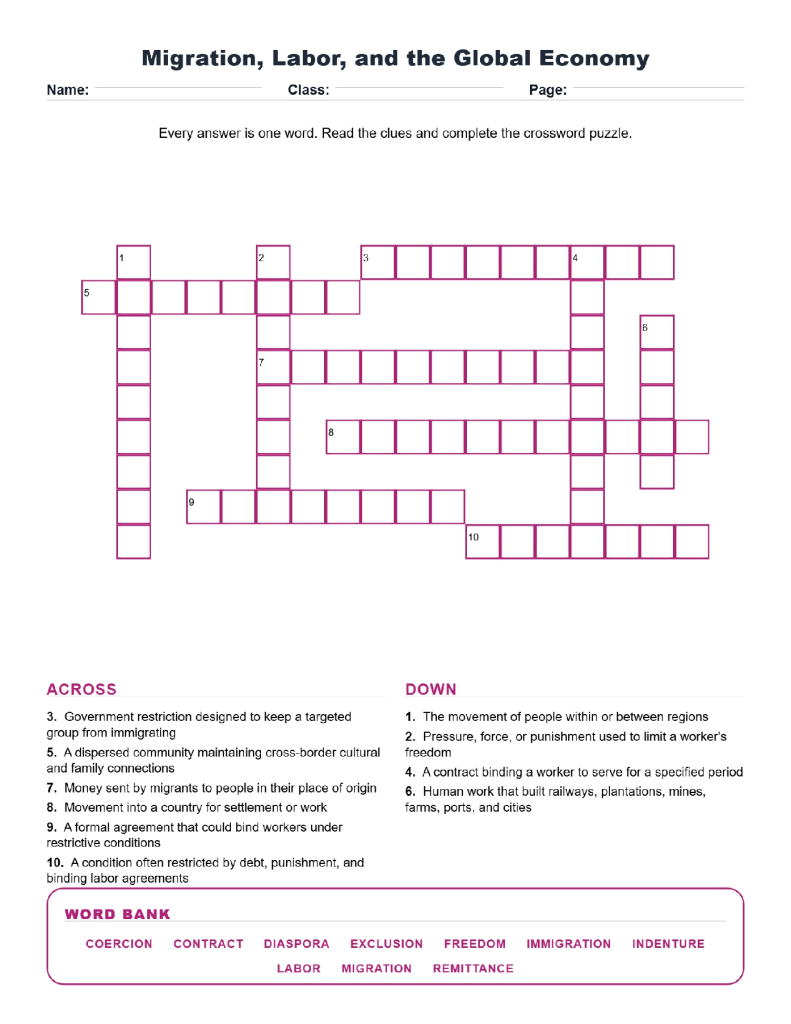 Migration Labor and the Global Economy Crossword World History Worksheets.