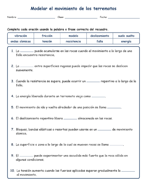 Modelar el movimiento Completar MCQ Escrita Salida Hoja de trabajo NGSS Grado 4