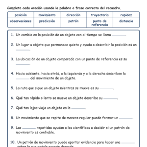 Movimiento Completar MCQ Escrita Salida Hoja de trabajo NGSS Grado 3