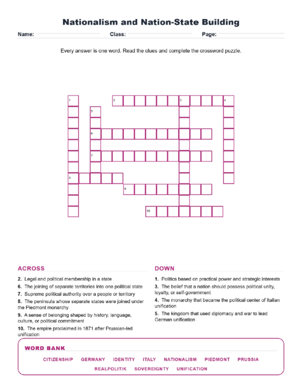 Nationalism and Nation State Building Crossword World History Worksheets.