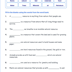 Natural Resources TEKS 3.8 B Grade 3 science fill in the blanks worksheets.