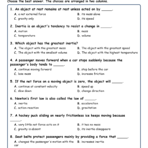 Newton’s First Law Fill MCQ Written Exit Tickets Worksheet TEKS Physics