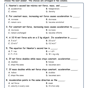 Newton’s Second Law Fill MCQ Written Exit Tickets Worksheet TEKS Physics