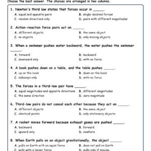 Newton’s Third Law of Fill MCQ Written Exit Tickets Worksheet TEKS Physics