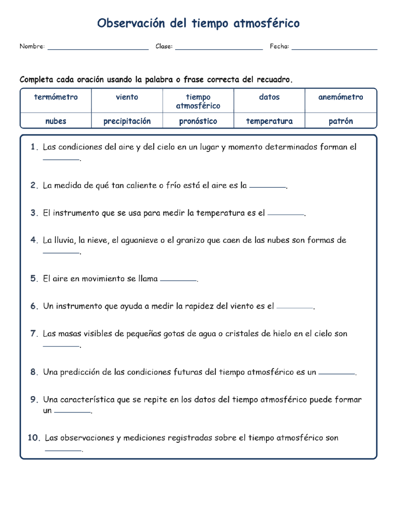 Observación del tiempo atmosférico Completar MCQ Escritas Salida Hojas NGSS grado3