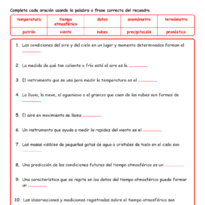 Observación del tiempo atmosférico Completar MCQ Escritas Salida Hojas NGSS grado3