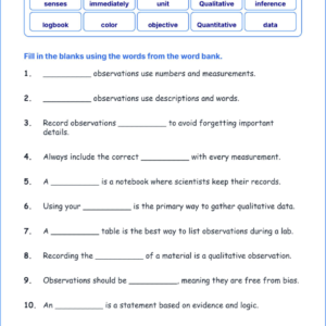 Observing and Recording Data TEKS 3.1 E Grade 3 science fill in the blanks worksheets.
