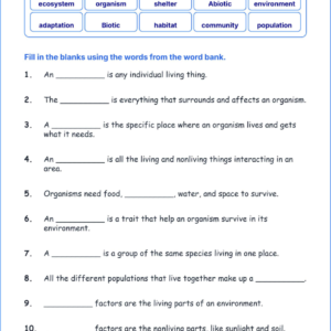 Organisms and Their Environments TEKS 3.9 A Grade 3 science fill in the blanks worksheets.