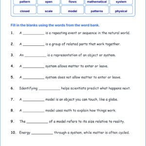 Patterns Systems and Models in Science TEKS 4.5 A G Grade 4 science fill in the blanks worksheets.