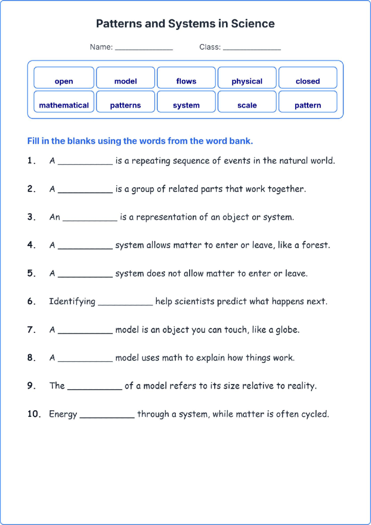 Patterns and Systems in Science TEKS 3.5 A Grade 3 science fill in the blanks worksheets.