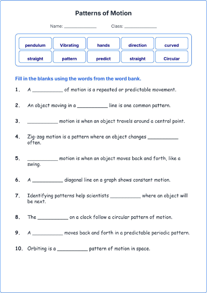 Patterns of Motion TEKS 3.7 B Grade 3 science fill in the blanks worksheets.