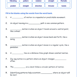 Patterns of Motion TEKS 4.7 B Grade 4 science fill in the blanks worksheets.