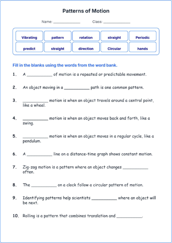Patterns of Motion TEKS 4.7 B Grade 4 science fill in the blanks worksheets.