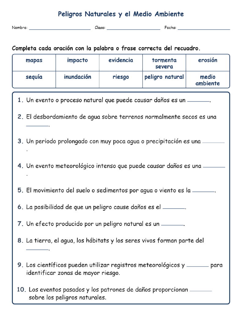 Peligros Naturales y Completar MCQ Escritas Boletos Hoja de Trabajo NGSS Grado 3