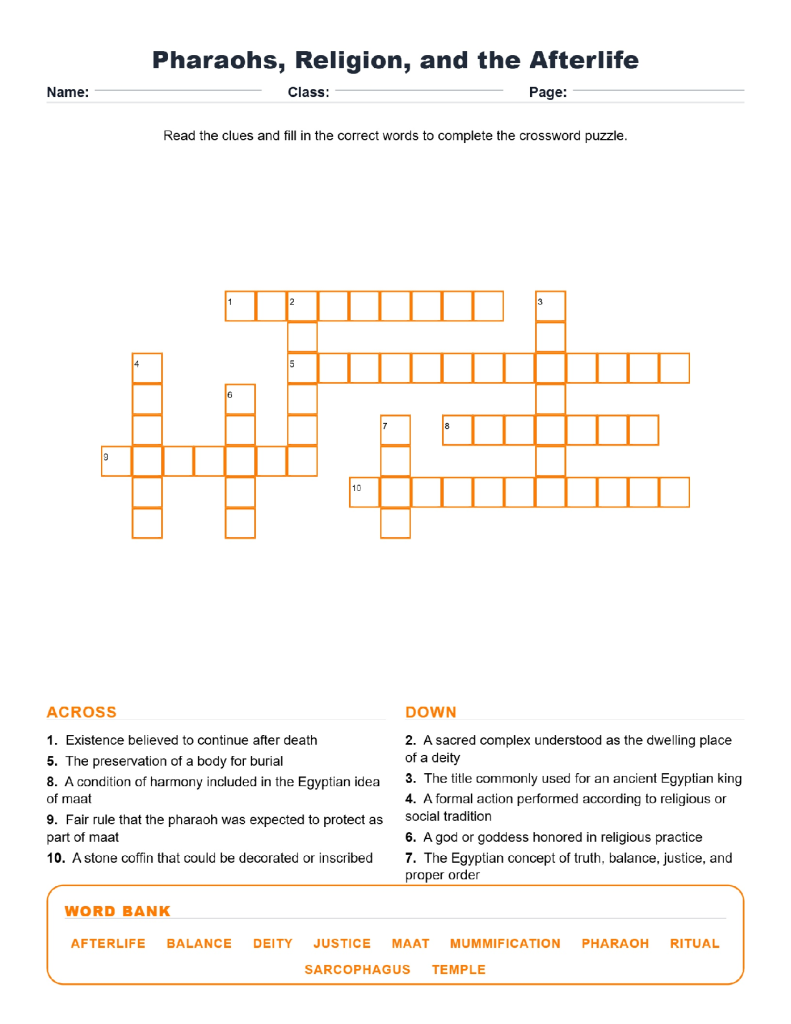 Pharaohs Religion and the Afterlife (Crossword Worksheets) Unit 3.