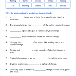 Physical Changes in Matter TEKS 3.6 C Grade 3 science fill in the blanks worksheets.