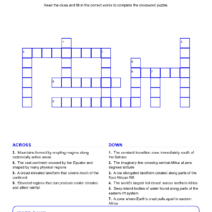 Physical Geography of Africa (Crossword Worksheets) Geography Grades 6-7 Unit 4.