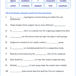 Planning Comparative Investigations TEKS 4.1 B Grade 4 science fill in the blanks worksheets.
