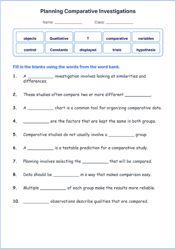 Planning Comparative Investigations TEKS 4.1 B Grade 4 science fill in the blanks worksheets.