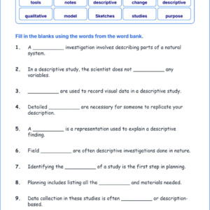 Planning Descriptive Investigations TEKS 4.1 B Grade 4 science fill in the blanks worksheets.
