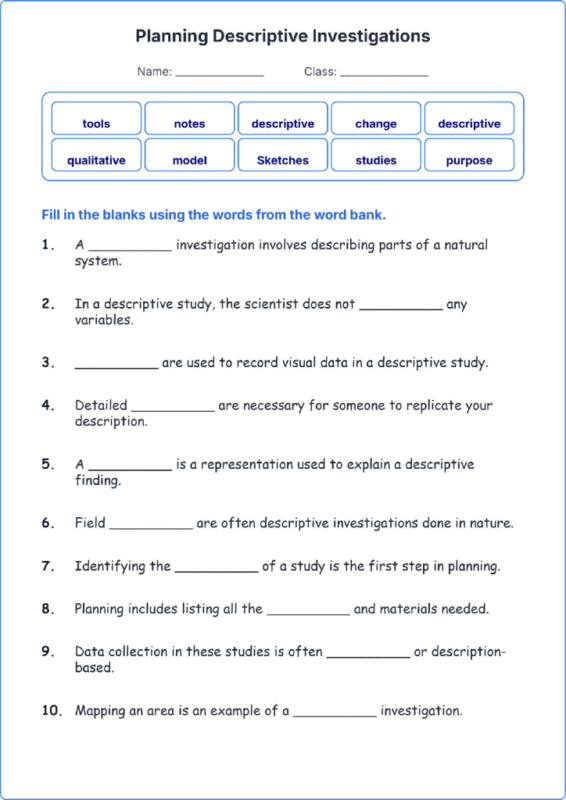 Planning Descriptive Investigations TEKS 4.1 B Grade 4 science fill in the blanks worksheets.