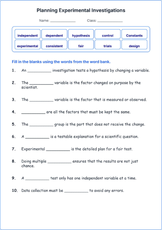 Planning Experimental Investigations TEKS 4.1 B Grade 4 science fill in the blanks worksheets.