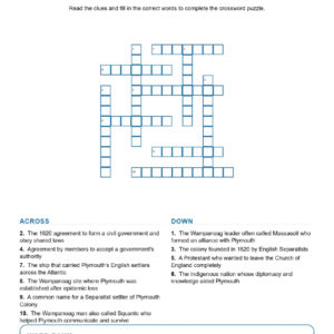 Plymouth and the New England Colonies Crossword US History Worksheets.