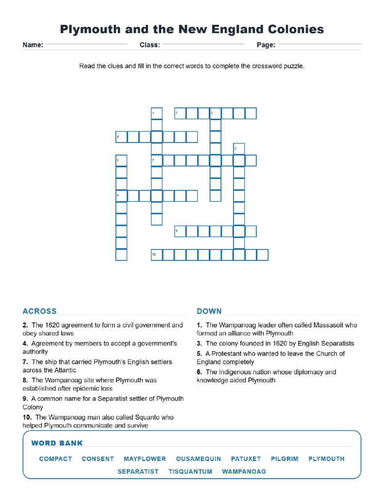 Plymouth and the New England Colonies Crossword US History Worksheets.