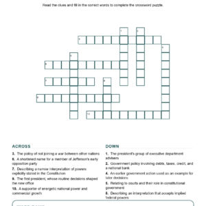 Politics and Power in the Early Republic Crossword US History Worksheets.