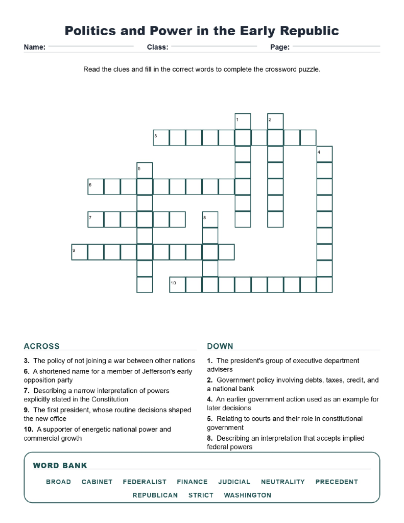 Politics and Power in the Early Republic Crossword US History Worksheets.